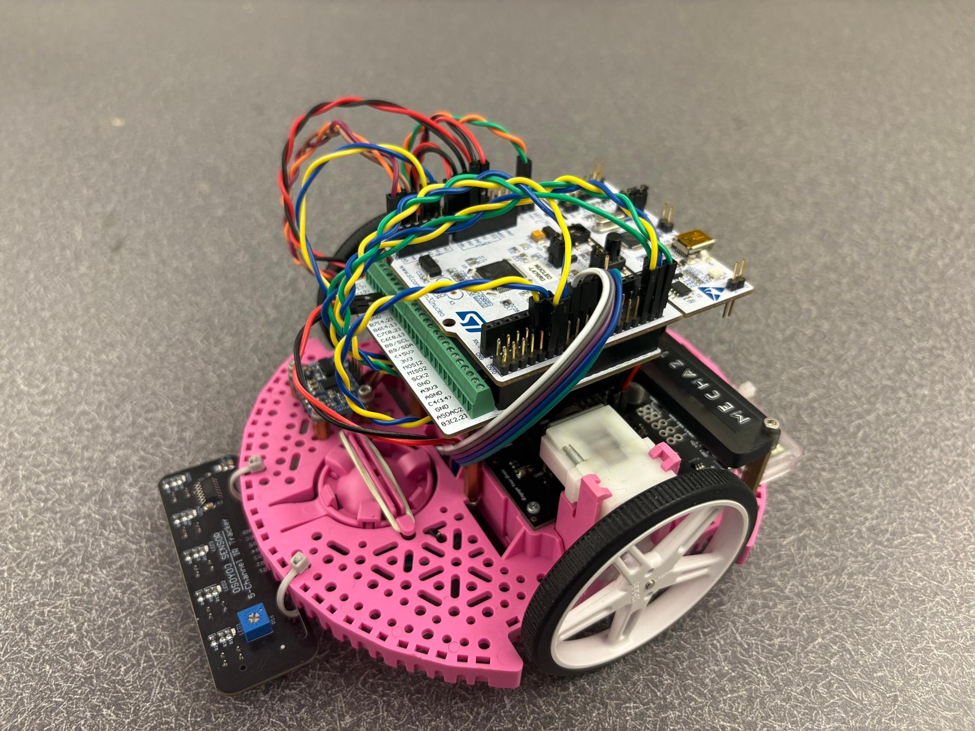 Pink Romi robot with its sensors and STM32 controller