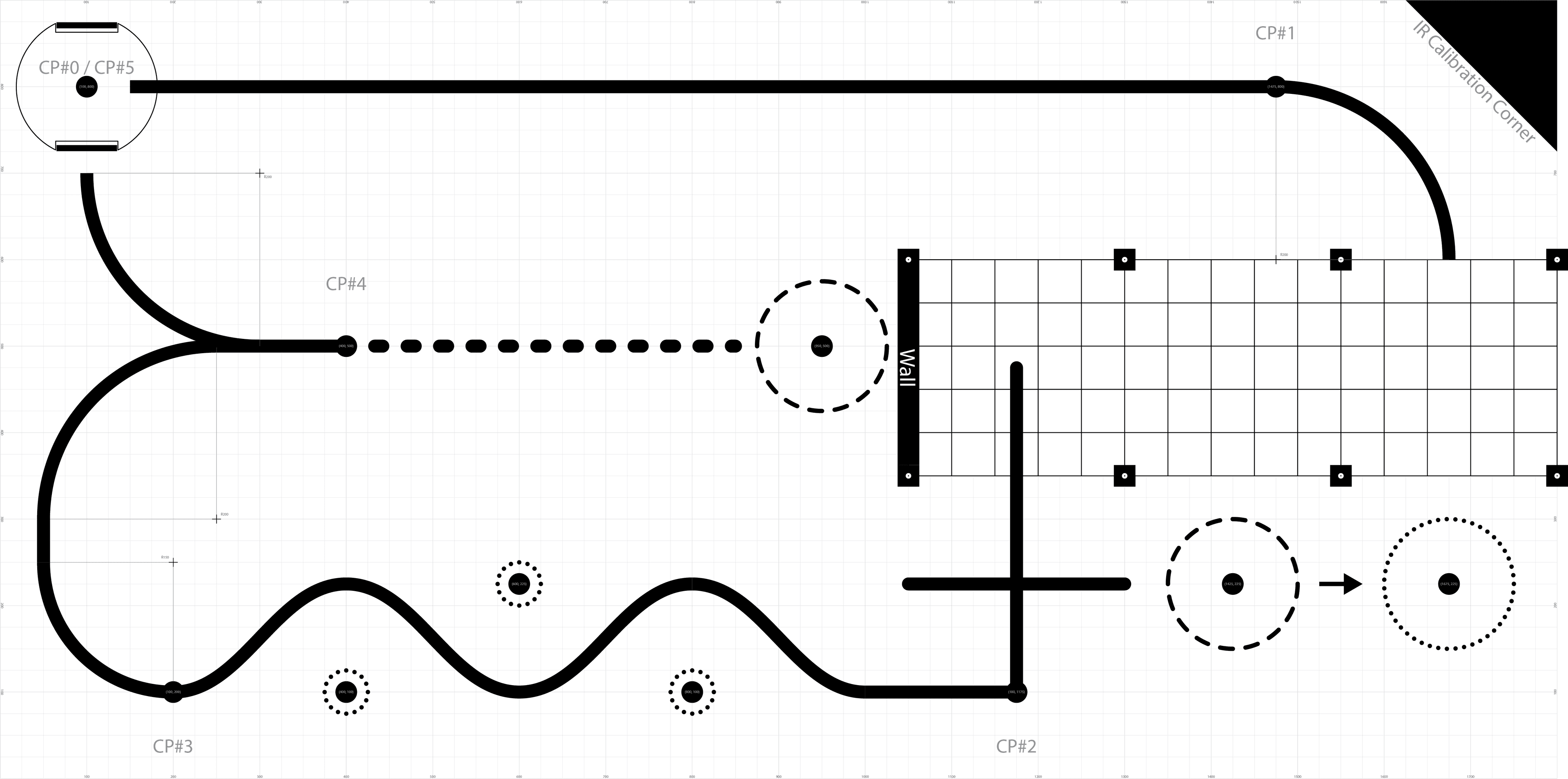 Final mechatronics course with line sections, checkpoints, wall, and open navigation zones